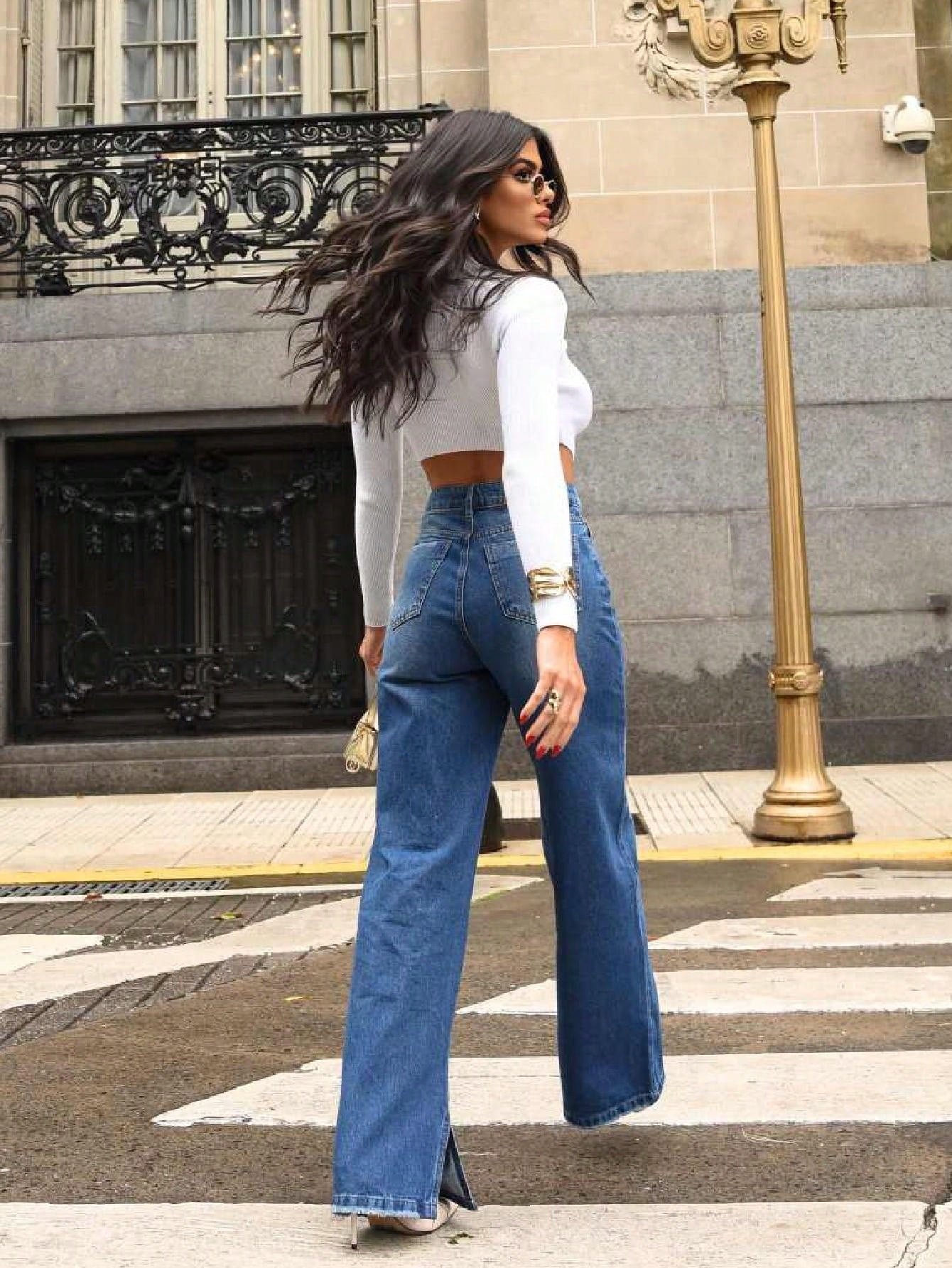 Calça Jeans Wide Leg Feminina c/ Fenda na Barra