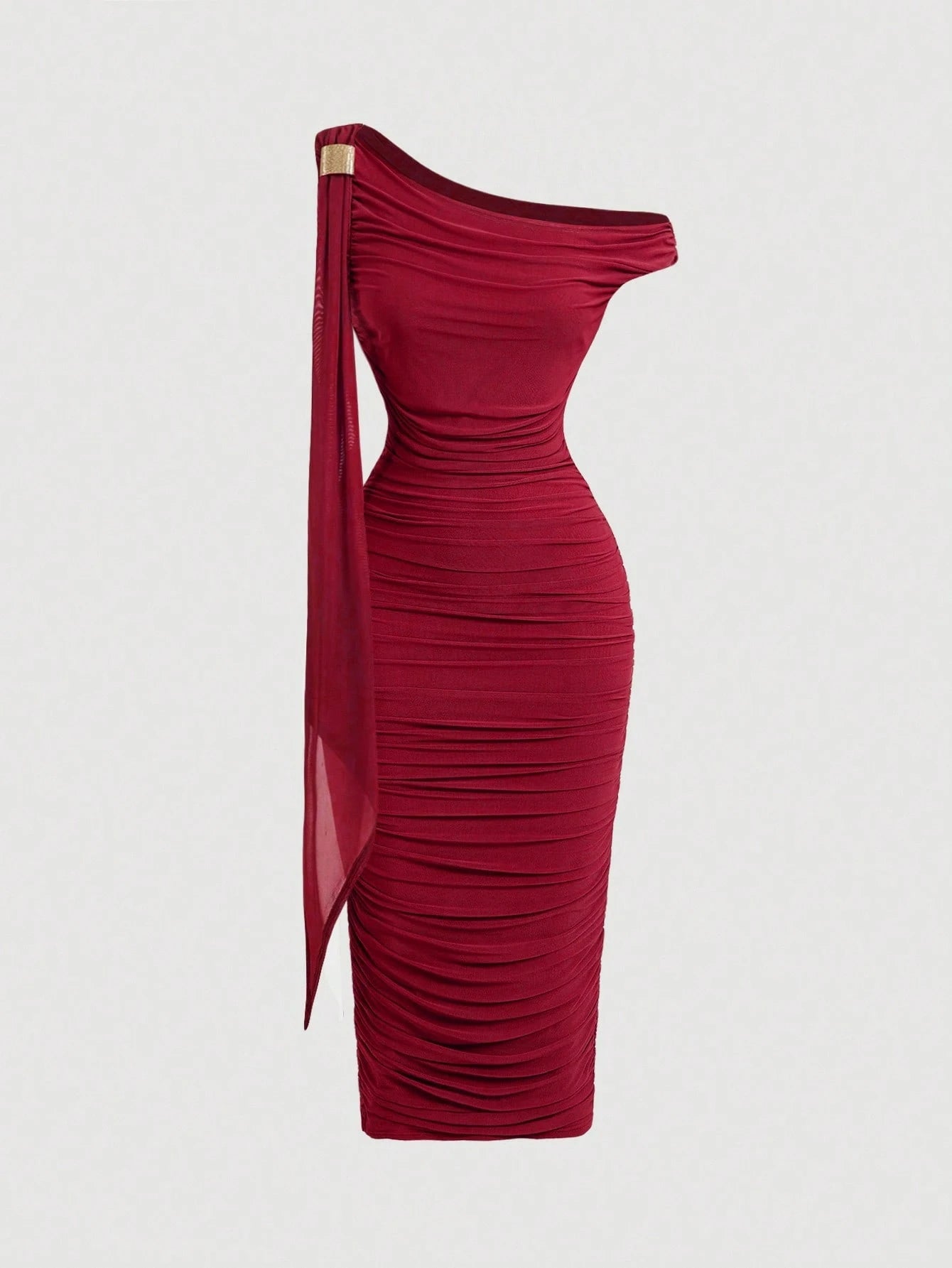 Vestido Midi de Decote Único e Detalhe Drapeado