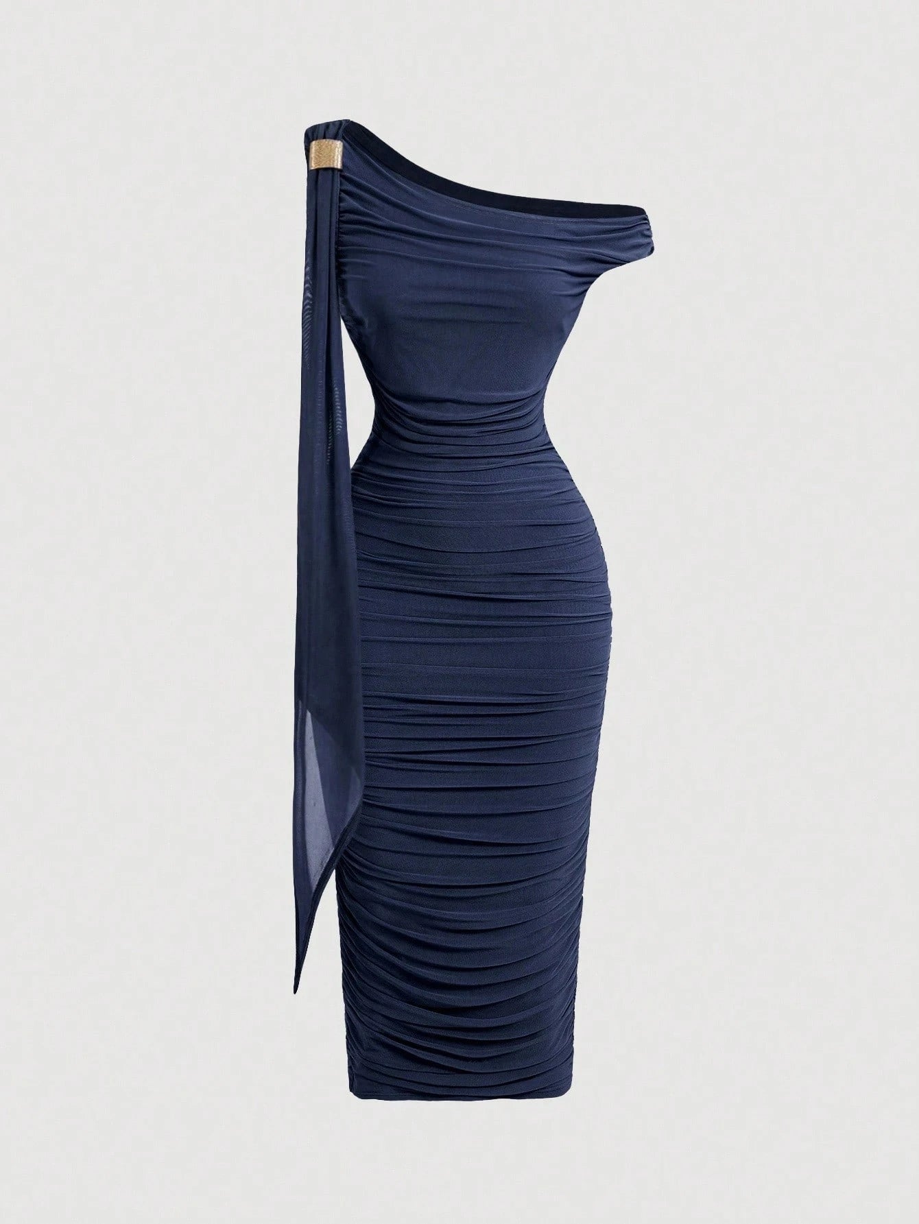 Vestido Midi de Decote Único e Detalhe Drapeado