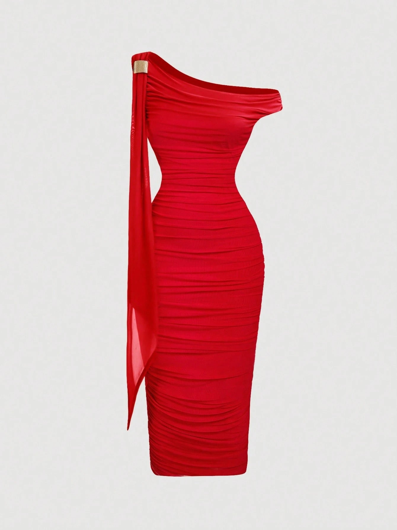 Vestido Midi de Decote Único e Detalhe Drapeado