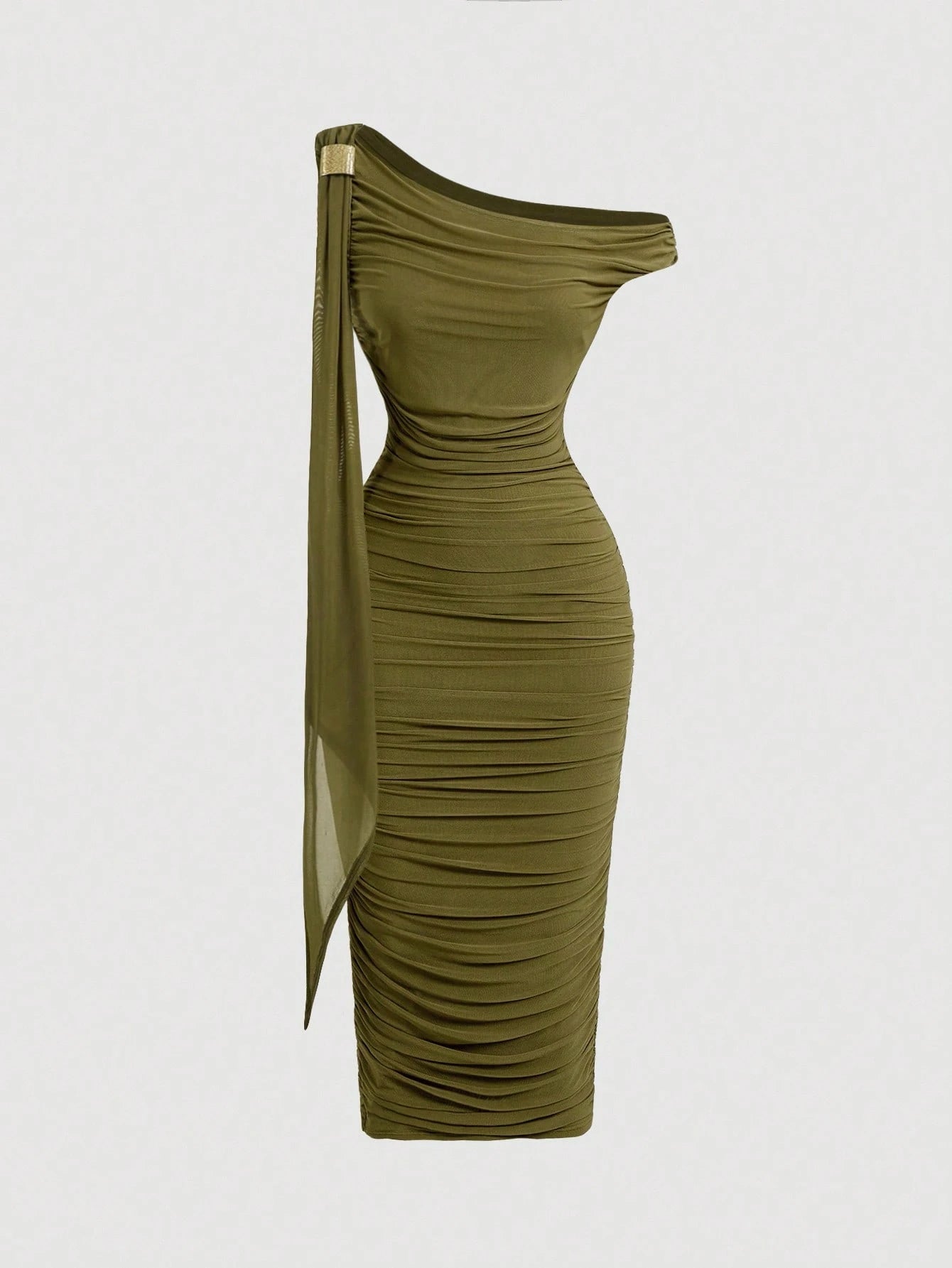 Vestido Midi de Decote Único e Detalhe Drapeado