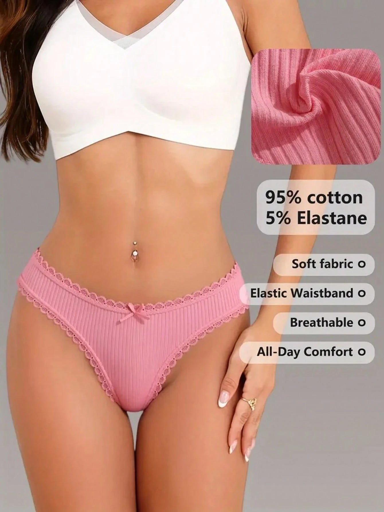 Kit 3 Calcinhas em Algodão Canelado Fio Dental com Renda