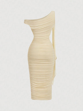 Vestido Midi de Decote Único e Detalhe Drapeado