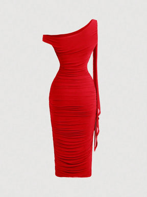 Vestido Midi de Decote Único e Detalhe Drapeado
